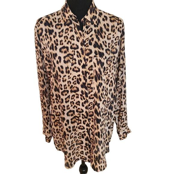 Zara Basic Womens Long Sleeve Leopard Print Pointed Tunic Tops Multi Color Small - Picture 1 of 9